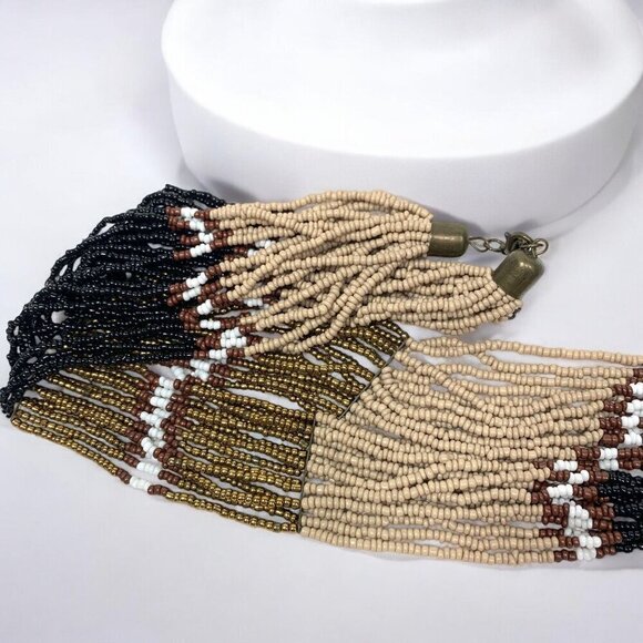 Multi Strand Seed Bead Necklace Earth Tones Gold Ivory Rust Slate 29"L + 1" - Picture 5 of 5